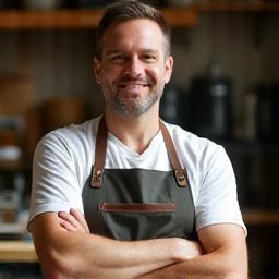 Sam Collins in workshop apron